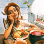 Девушка мечтательно сидит за столом с едой