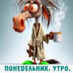 Конь с кружкой кофе