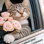 Кот с цветами в машине